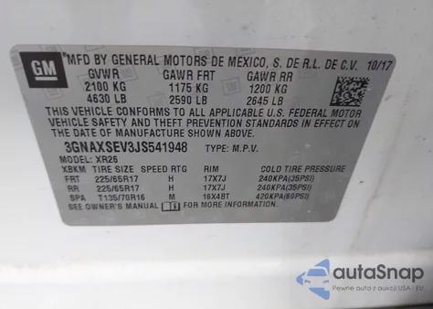 2018 Chevrolet Equinox Lt из США, поврежденный, VIN 3GNAXSEV3JS541948